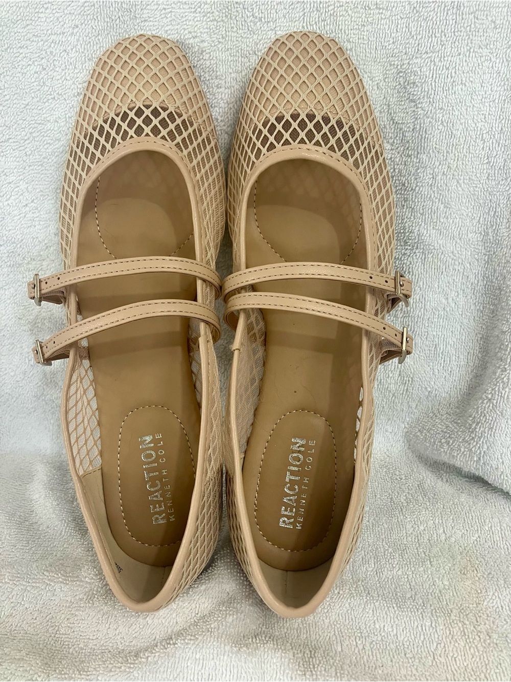Kenneth Cole Reaction Beige Mesh Double-Strap Mary Jane Flats